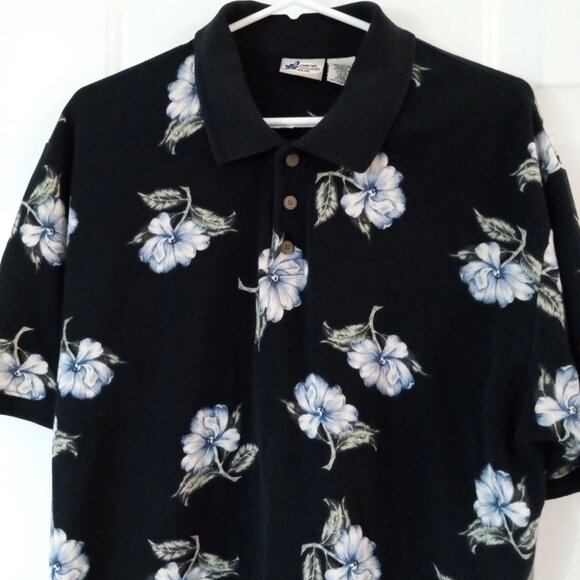 Cherokee Waikiki Wear Polo Shirt Men's Large Hawaiian Black Floral Short Sleeve - Picture 2 of 5
